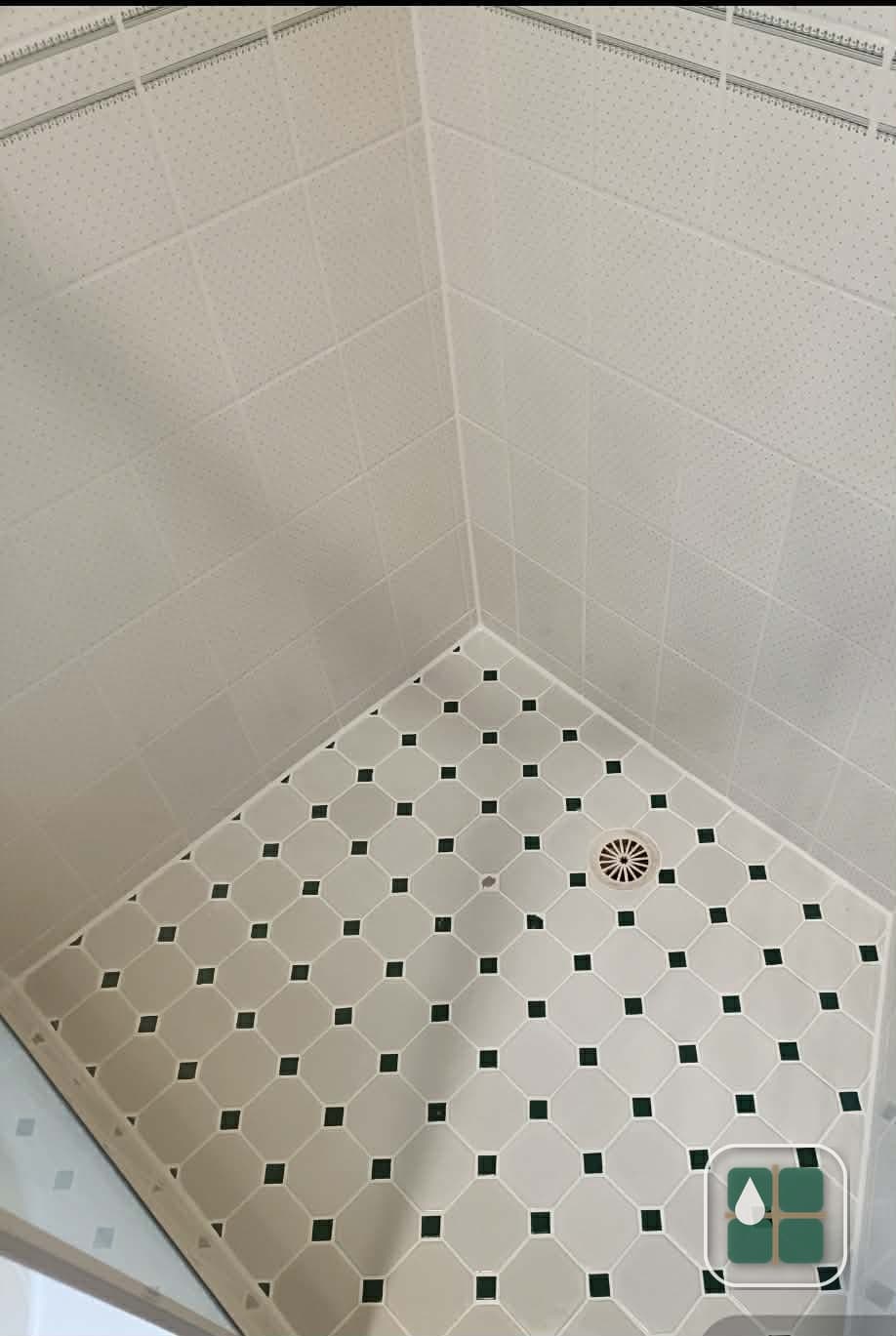 Shower floor of white octagonal tiles with dark green inserts, surrounded by white wall tiles, with crisp white grout lines and a central waste.